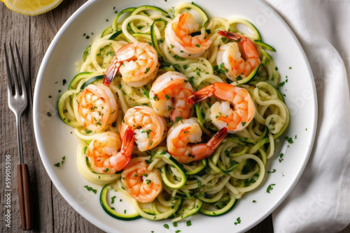 Shrimp Scampi With Zucchini Noodles On White Plate. Gluten-Free Dish.. Generative AI