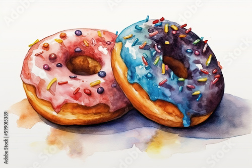 Watercolor Drawing Donuts On White Background. Generative AI