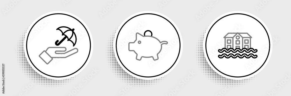 Set line House flood, Umbrella in hand and Piggy bank icon. Vector Set line House flood, Umbrella in hand and Piggy bank icon. Vector