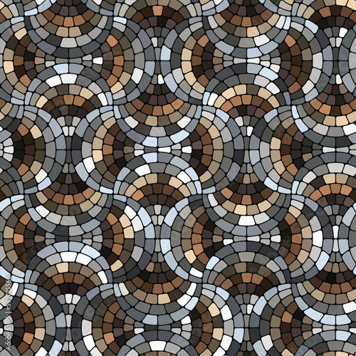 Cobblestone mosaic with multicolored tiles arranged in wavy arched lines on a black background. Seamless geometric pattern. Vector illustration.