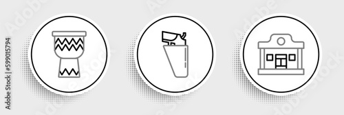 Set line Wild west saloon, Drum and Revolver gun in holster icon. Vector