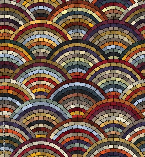 Seamless geometric pattern. Multicolored square tiles arranged in wavy lines on black background. Traditional porphyry design. Cobblestone mosaic style.  Perfect for textile, wrapping, print, and web.