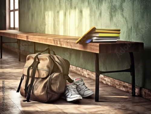 A backpack and gym bag sitting on a bench in a hallway