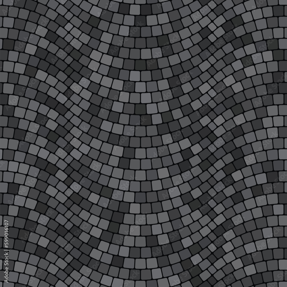 Seamless geometric pattern. Gray cobblestone with square tiles arranged in wavy lines on a black background. Traditional porphyry design floor. Mosaic style. Vector illustration. Great as a texture.