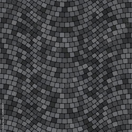 Seamless geometric pattern. Gray cobblestone with square tiles arranged in wavy lines on a black background. Traditional porphyry design floor. Mosaic style. Vector illustration. Great as a texture.