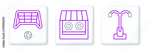 Set line Street light, Soccer goal with ball and Shooting gallery icon. Vector