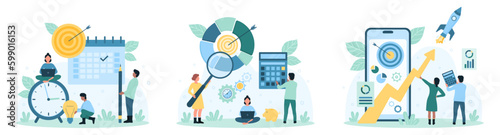 Business goal to increase profit set vector illustration. Cartoon tiny people analyze financial report pie chart with magnifying glass, launch project rocket from phone screen, plan events on calendar