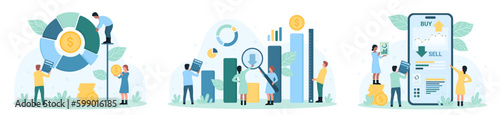Finance, economic analysis set vector illustration. Cartoon tiny people trade using financial charts and dashboard information in trading platform mobile app, calculate money profit on calculator
