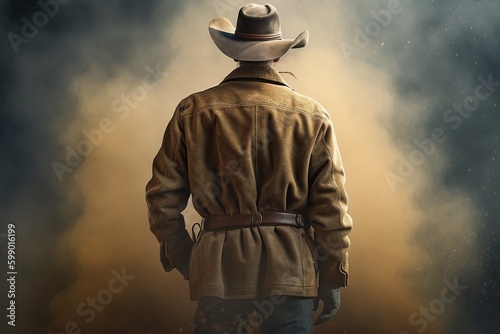 a person wearing a cowboy hat may be seen in front of a haze of smoke. Generative AI photo