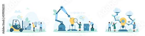 Digital project creation set vector illustration. Cartoon tiny people create products with help of robots and data cloud, construct bright light bulb with futuristic equipment, carry lamps on forklift