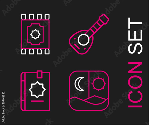 Set line Ramadan fasting, Holy book of Koran, Lute and Traditional carpet icon. Vector