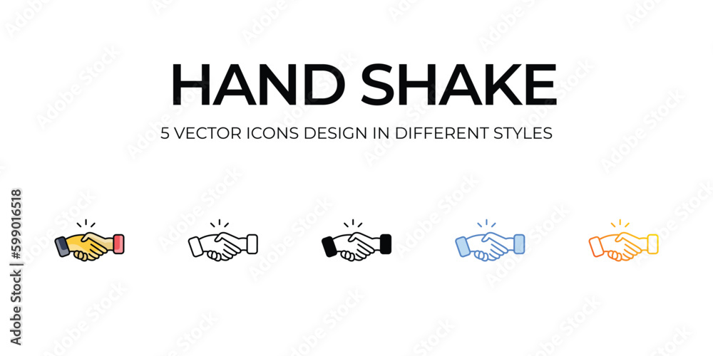 Hand Shake Icon Design in Five style with Editable Stroke. Line, Solid, Flat Line, Duo Tone Color, and Color Gradient Line. Suitable for Web Page, Mobile App, UI, UX and GUI design.