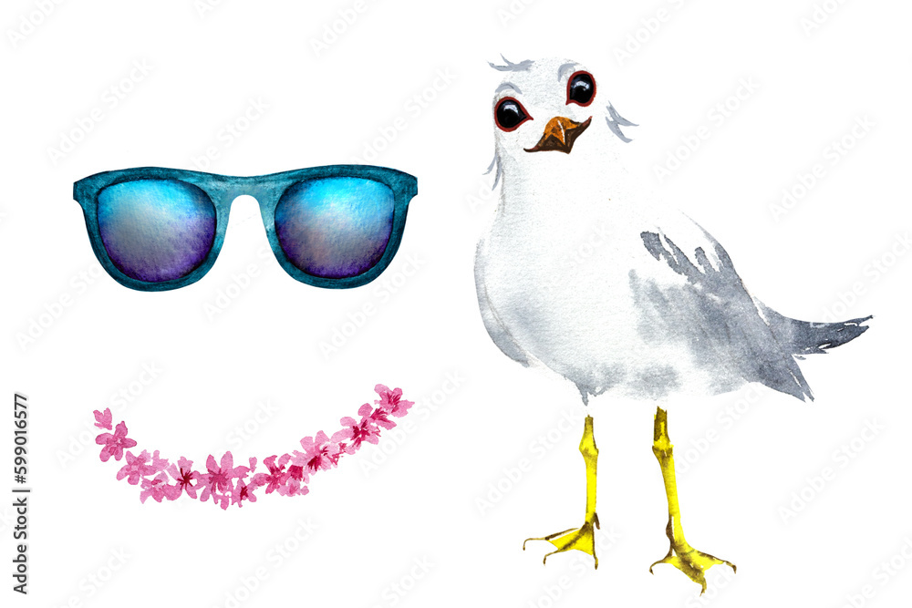 Fototapeta premium Watercolor illustration of a cartoon seagull. Seagull with glasses, watercolor drawing, on a white background