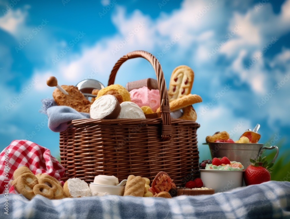 A picnic basket and blanket laid out on a sunny day A picnic basket and blanket laid out on a sunny day