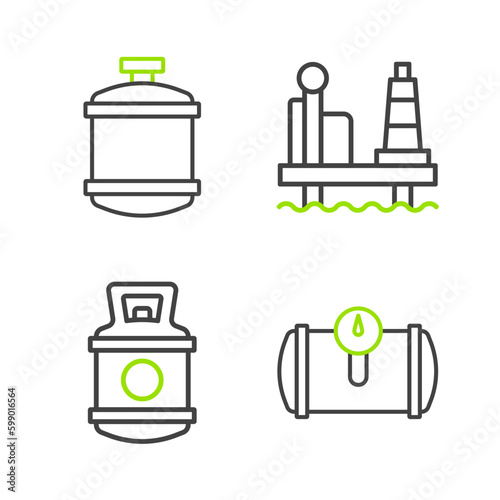 Set line Gas tank for vehicle, Propane gas, Oil platform in the sea and icon. Vector