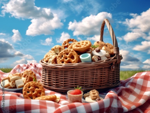 A picnic basket and blanket laid out on a sunny day