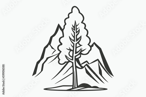 Mountain sketch, Outline Style black and white mountains and tree vector, Mountain tree icon illustration, mountain logo