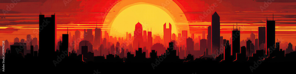 Vivid Red And Yellow Sun Sinking Below The Horizon, Silhouetting City Skyline. Panoramic Banner. Generative AI