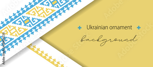 Ukrainian minimalistic vector flyer, banner, background, poster with paper layers and shadows . Ukrainian blue and yellow flyer with cross stitch ornament