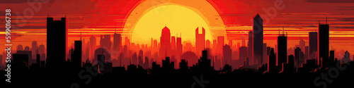 Vivid Red And Yellow Sun Sinking Below The Horizon  Silhouetting City Skyline. Panoramic Banner. Generative AI