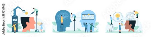 Intellectual creative idea development, analytics set vector illustration. Cartoon tiny people unravel thread with messy knots inside human head, improve skills by installing light bulb in brain