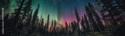 Bright  Multicolored Aurora Borealis Spanning Across The Sky  Casting Mystical Glow Over Forest. Panoramic Banner. Generative AI