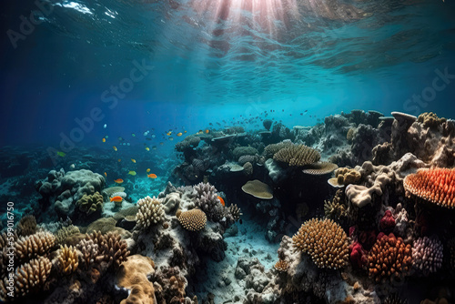 Beautiful Coral Reef Underwater With Fish. Generative AI © Anastasiia
