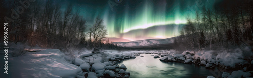 Mesmerizing View Of The Northern Lights Over Snowcovered Landscape With Frozen River And Trees. Panoramic Banner. Generative AI