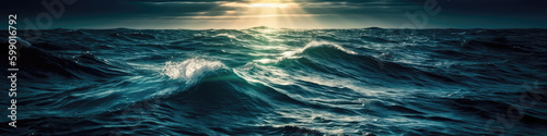 Deep Blue Ocean With Sunlight Shining Through The Water. Panoramic Banner. Generative AI