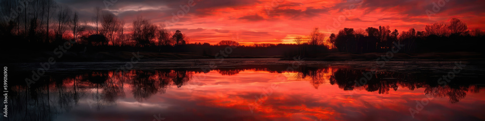 Vibrant Orange And Pink Sky Reflecting On Calm Lake, Creating Mirrorlike Effect. Panoramic Banner. Generative AI