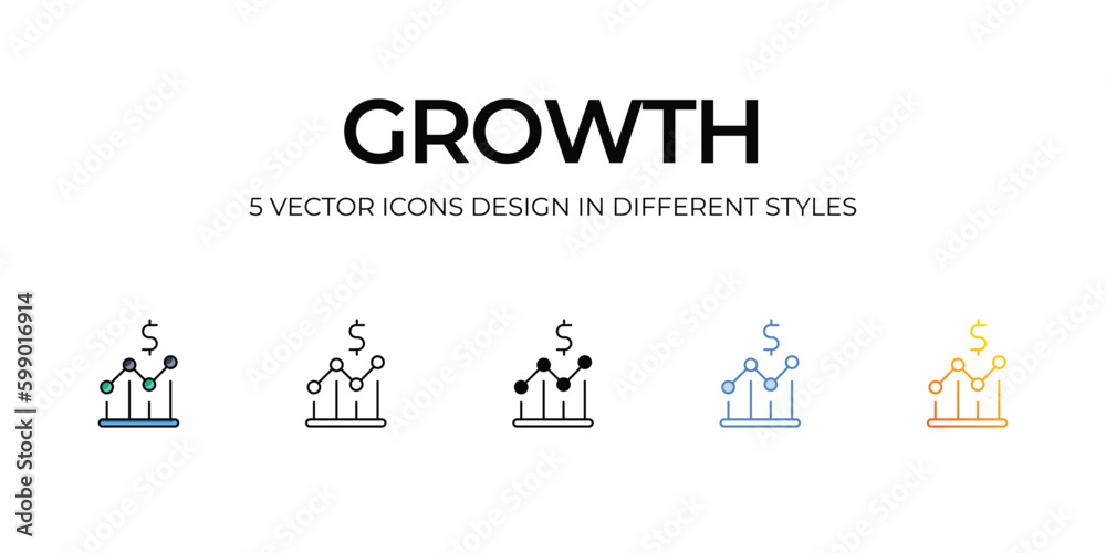 Growth Icon Design in Five style with Editable Stroke. Line, Solid, Flat Line, Duo Tone Color, and Color Gradient Line. Suitable for Web Page, Mobile App, UI, UX and GUI design.