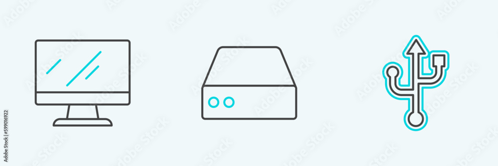 Set line USB, Computer monitor screen and Server, Data, Web Hosting icon. Vector Set line USB, Computer monitor screen and Server, Data, Web Hosting icon. Vector