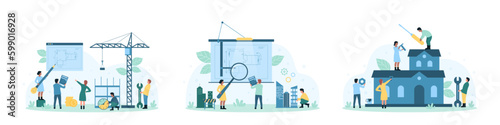Architects job set set vector illustration. Cartoon tiny people draw blueprint, civil engineers working with pencil, magnifying glass and calculator on building project, construction team at work