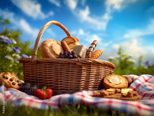 A picnic basket and blanket laid out on a sunny day