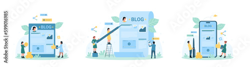 Blog content creation set vector illustration. Cartoon tiny people holding pen and pencil to write in paper document, computer and phone screen, writers create web articles and promotion text