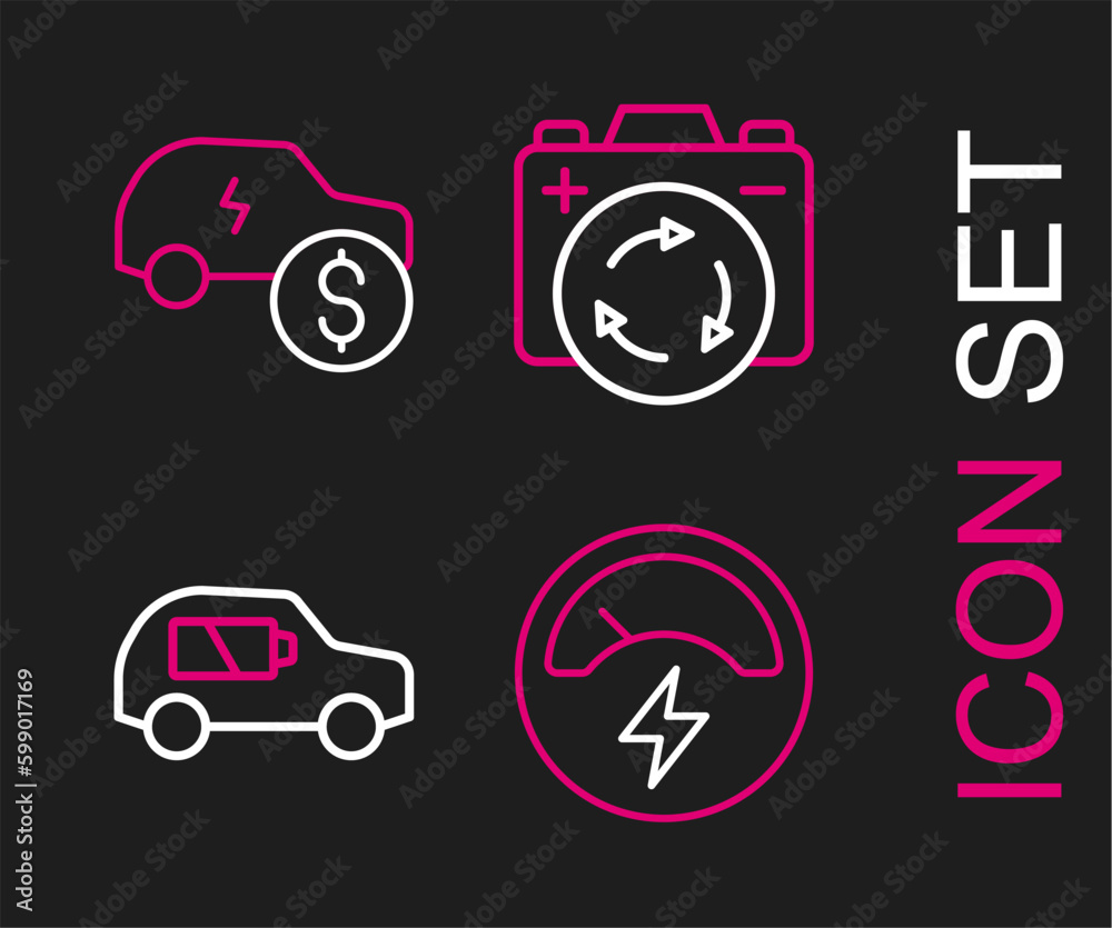 Set line Voltmeter, Electric car, Battery with recycle symbol and price icon. Vector Set line Voltmeter, Electric car, Battery with recycle symbol and price icon. Vector