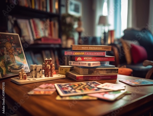 A stack of board games on a coffee table