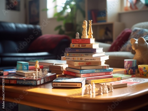 A stack of board games on a coffee table