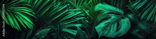 Tropical Green Leaves On Green Background. Panoramic Banner. Generative AI photo