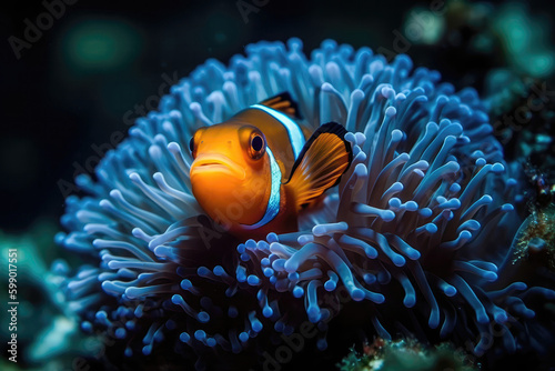 Vibrant Sea Anemone With Clownfish Swimming Around. Generative AI