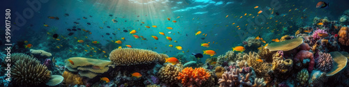 Colorful Coral Reef With Schools Of Tropical Fish. Panoramic Banner. Generative AI © Anastasiia