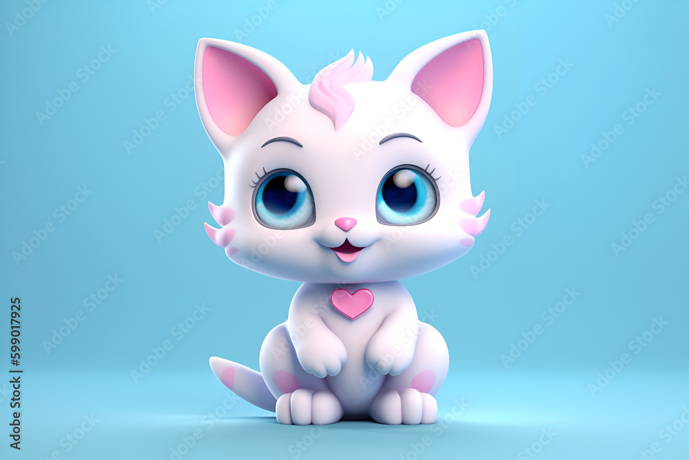 Cute kawaii cartoon pink-white kitten on a blue background. Generative AI.