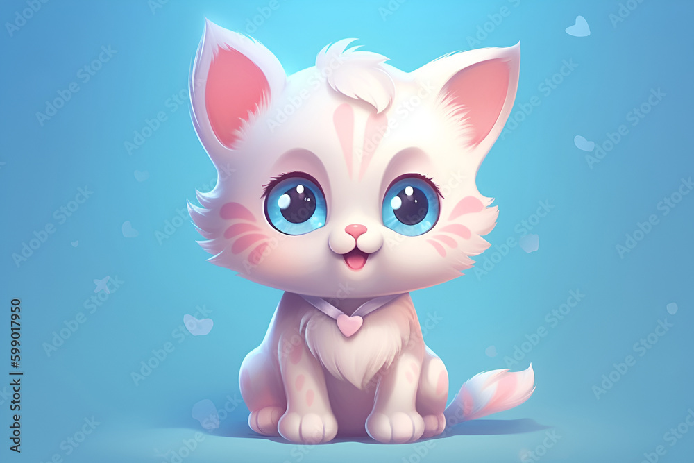 Cute Kawaii cartoon pink-white kitten on a blue background. Generative AI. Cute Kawaii cartoon pink-white kitten on a blue background. Generative AI.