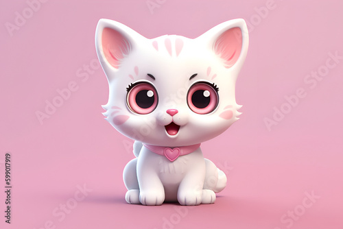 Cute Kawaii cartoon pink-white kitten on a pink background. Generative AI.