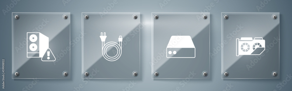 Set Video graphic card, Server, Data, Web Hosting, Electric plug and Case of computer. Square glass panels. Vector Set Video graphic card, Server, Data, Web Hosting, Electric plug and Case of computer. Square glass panels. Vector
