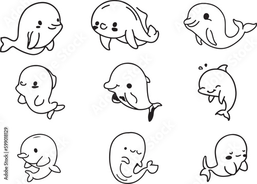 Set of Funny Cute Dolphins Vector Line Art