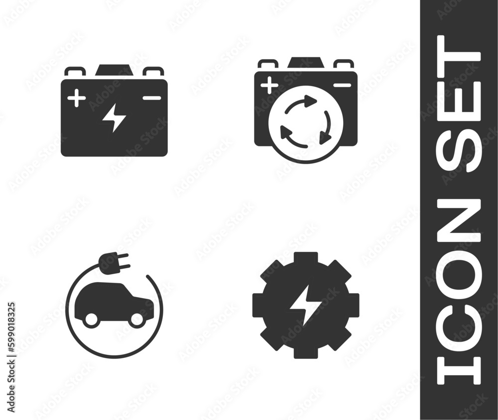 Set Gear and lightning, Car battery, Electric car and Battery with recycle symbol icon. Vector Set Gear and lightning, Car battery, Electric car and Battery with recycle symbol icon. Vector