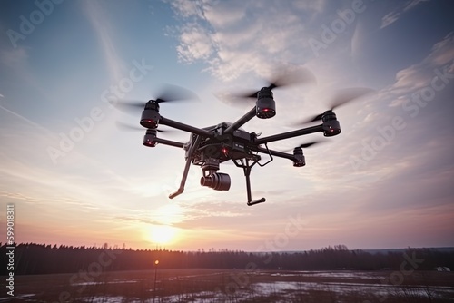 Drone in the sky. Unmanned aerial vehicle flying in the air. created with Generative AI technology