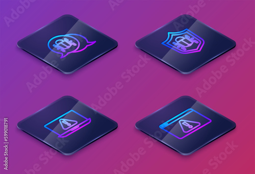 Set Isometric line System bug, Laptop with exclamation mark, and Browser. Blue square button. Vector