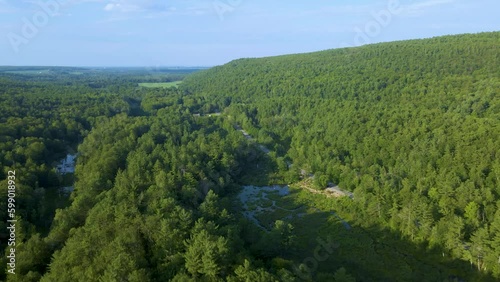 4K Aerial Drone Arc Orbit over Mountain Forest with Road and Lake. Woodlands visible